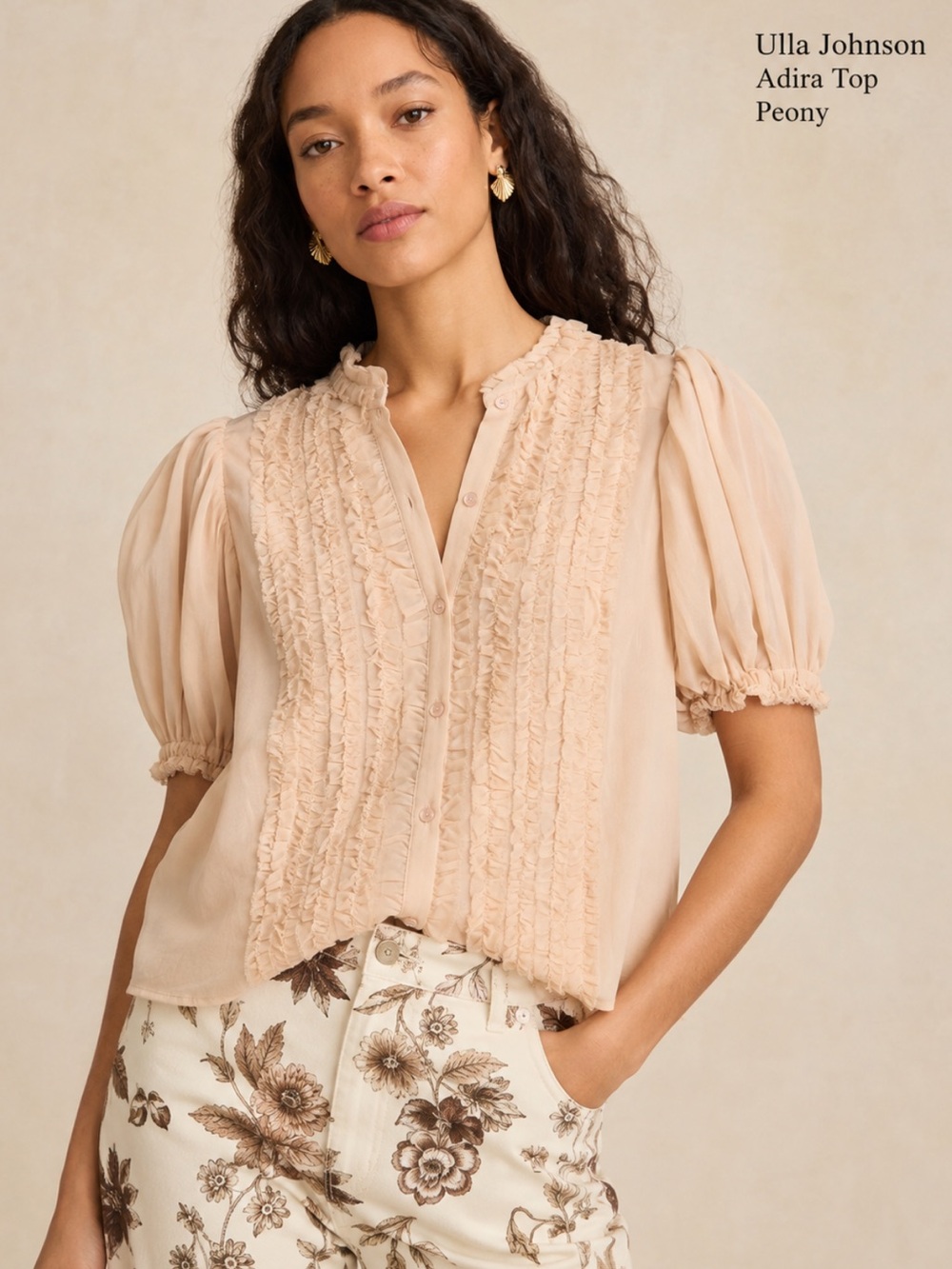 Ulla Johnson Adira Peach Ruffle Front Short Sleeve Silk Blouse NWT